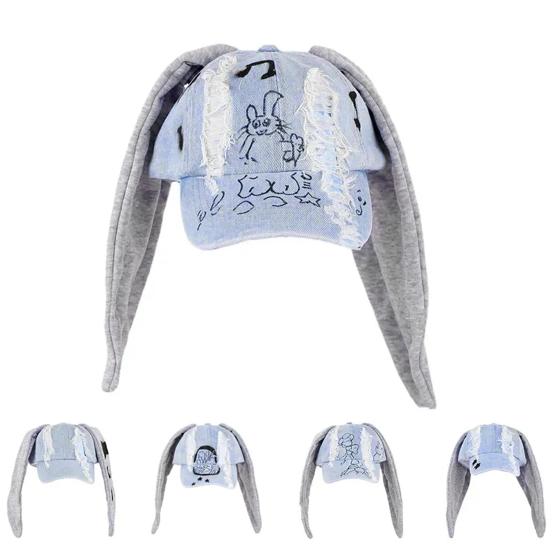 YISON New MinJi Haerin OMG Stage Long Rabbit Ear Hat Y2K Style Denim Blue Baseball Cap Fashion Hip-Pop Caps Couple Birthday Gift