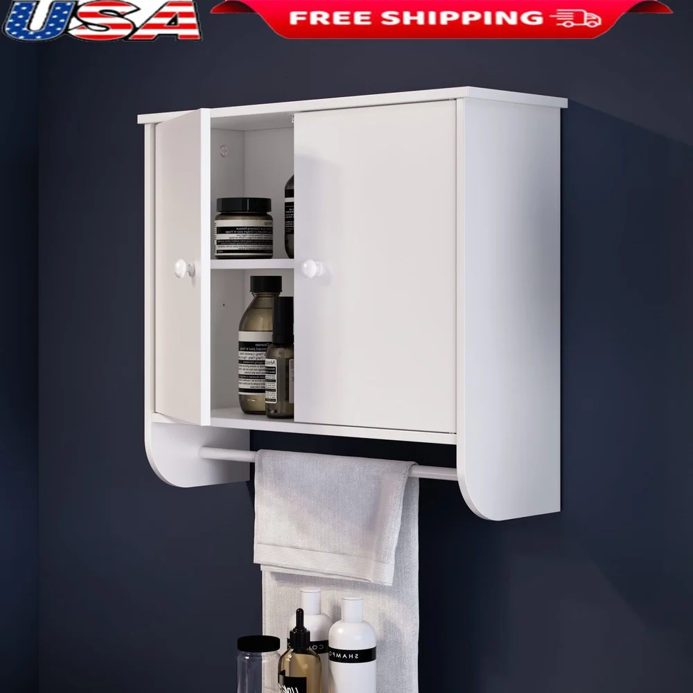 

Two Door Bathroom Medicine Cabinet Wall Storage with Adjustable Shelves Towel Bar Over Toilet Organizer White Finish Durable