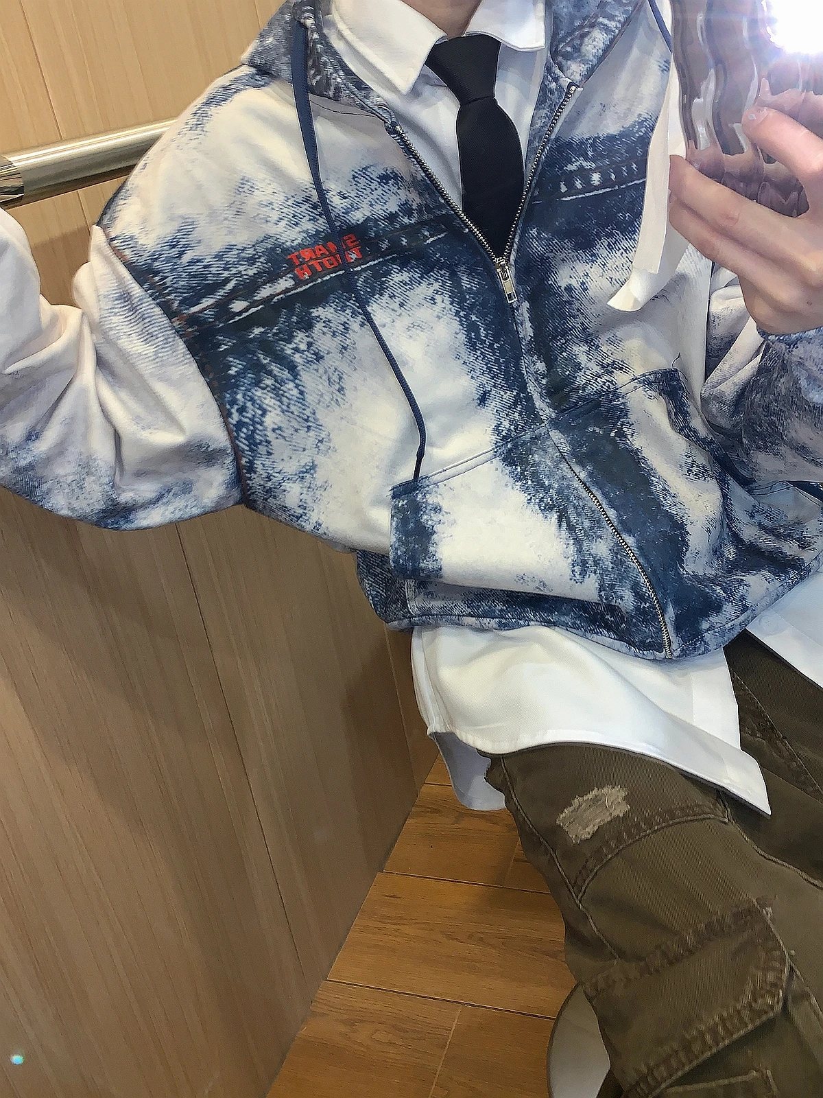 

Ретро джинсовая куртка с эффектом тай-дай для мужчин, весна-лето, модный топ с капюшоном, приталенный крой, молодежный стиль, длинный рукав, застежка-молния