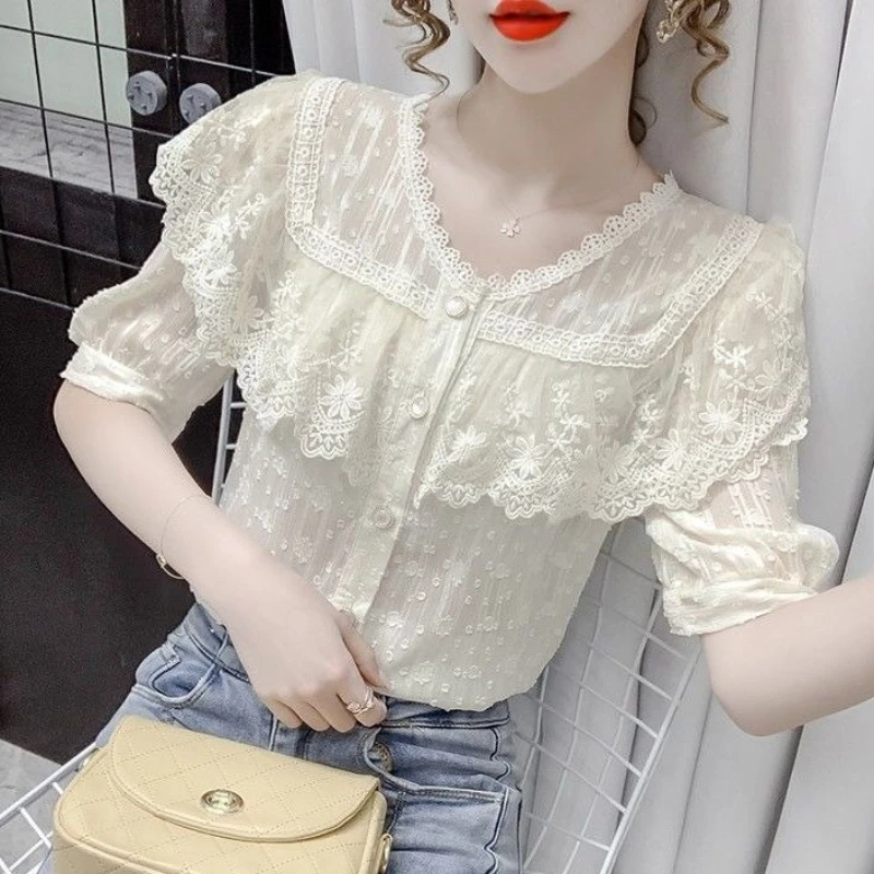 

2026 Summer New Fashion Lace Peplum Puff Sleeve Crochet Shawl Design Elegant Versatile Chiffon Blouse Women