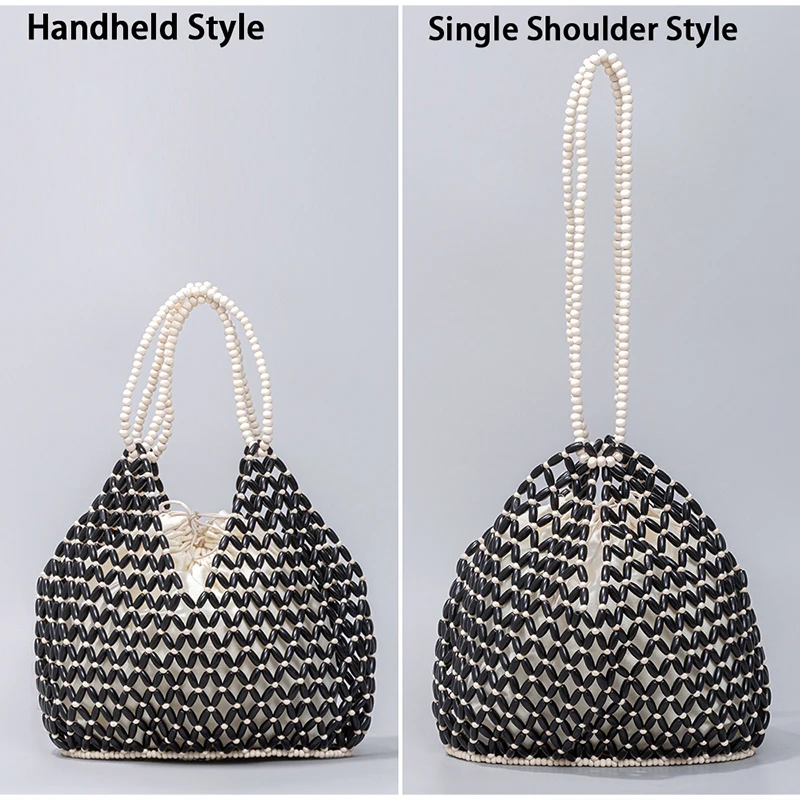 Ahornholz-Perlen-Handtasche, Damen Große Kapazität Hohle Strand-Urlaubstasche, Sommerliche Lässige Schicke Handgewebte Tragetasche – Detail 2