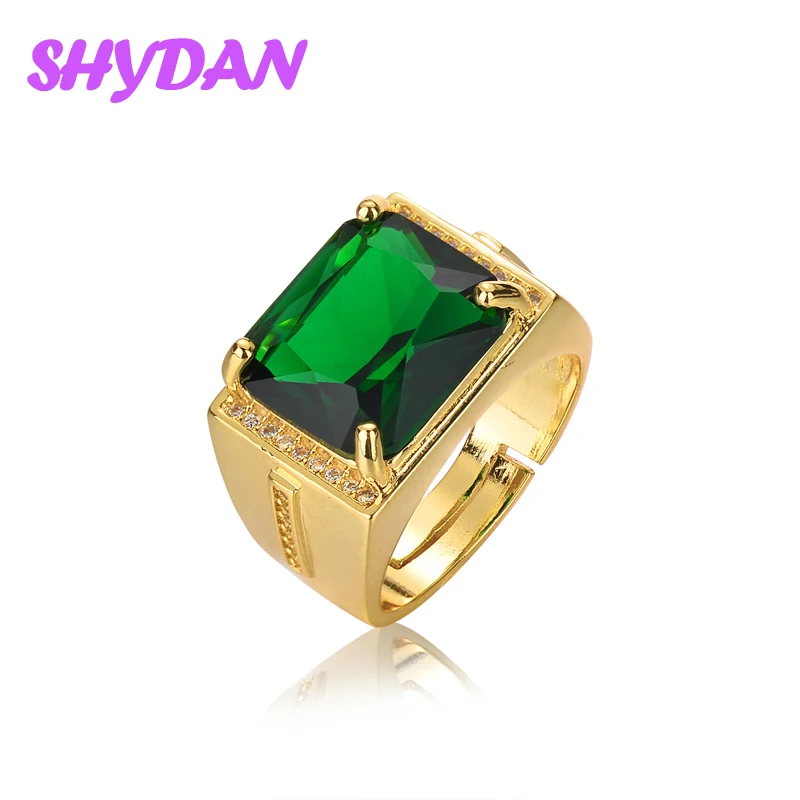 Anillo Ajustable Abierto Étnico Cuadrado de Esmeralda Vintage de Plata 925 y Oro 18k Shydan para Hombre, Joyería de Moda