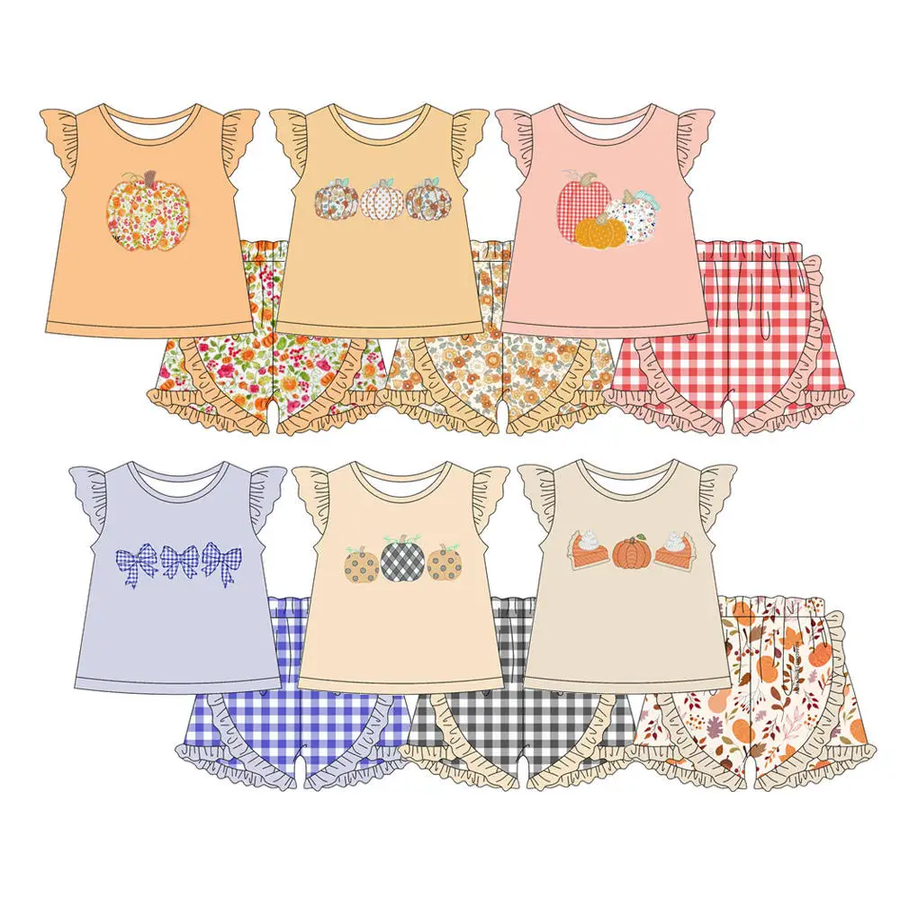 Thanksgiving Fashion Boutique Kids Baby Girls Pumpkin Flutter Sleeve Shirts Floral Tops Bow Shorts Outfits Clothes Boutique Sets