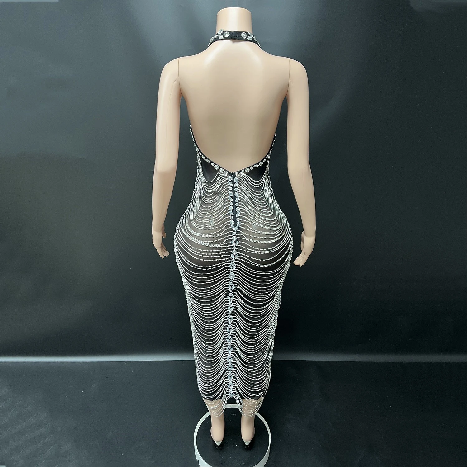 Evening Dress Sexy Rhinestone Chain Hanging Neck Party Dress Nightclub Bar Performance Costumes Women Gogo Dancers Dress DN21192