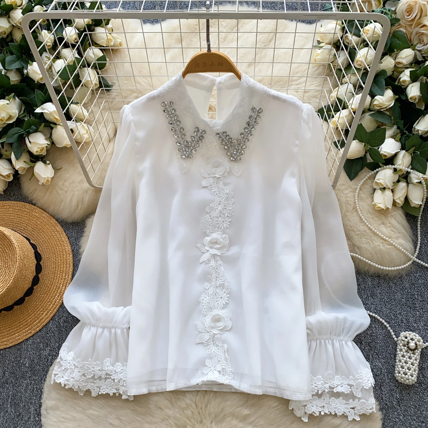 

Elegant Sexy turn-down collar lace long sleeve Top Women Korean Fashion hotsweet High Street Autumn Clothing