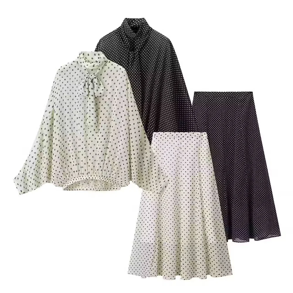 KONDALA Chic Vrouwen Casual Polka Dot Suits Boog Losse Elegante Shirt + Gedrapeerde Lange Midi Rok Mode 2026 Streetwear Vrouwelijke Sets - afbeelding 2