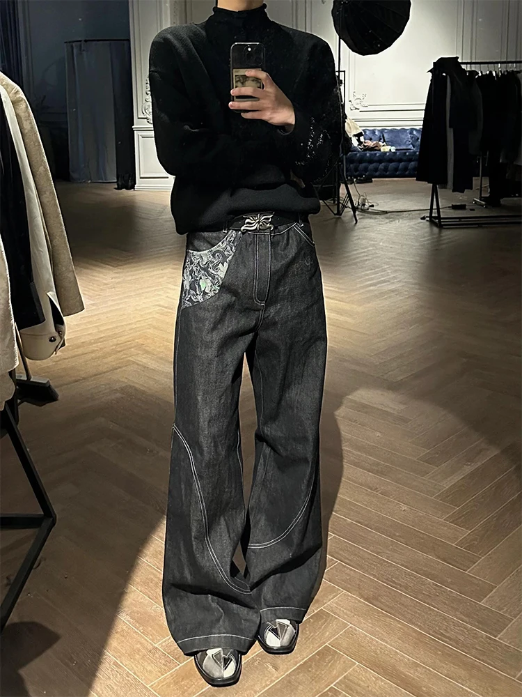 American High Street Retro Snake Trace Original Jeans Men's Trendy Brand High-End Feelings Pants CleanFit Straight Leg Micro ...