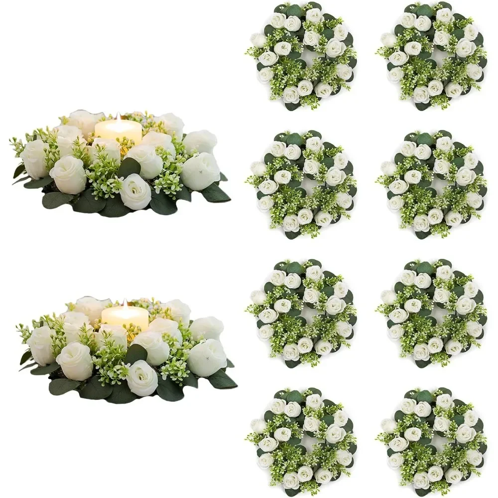 

10Pc 14 inch Diam Large White Artificial Flowers Fake Roses Candle Rings Wreaths Spring Summer Wreath for Front Door Wedding