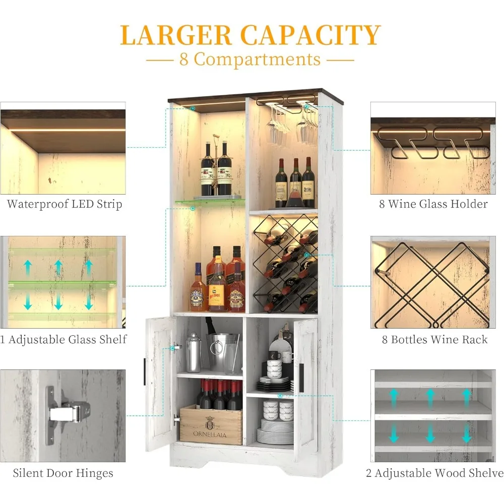 Gabinete para vinos, gabinete para bar de vinos con luces LED, gabinete para licores con soporte para vidrio, estante para vinos, gabinete para licores moderno de granja con