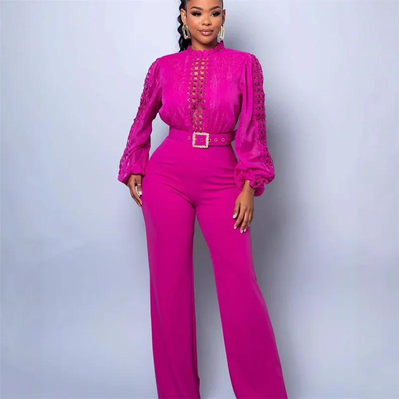 

Doyerl Elegant Romper Woman Jumpsuit Birthday Long Sleeve Hollow Out High Waist One Pieces Overalls Club Party Outfits with Belt