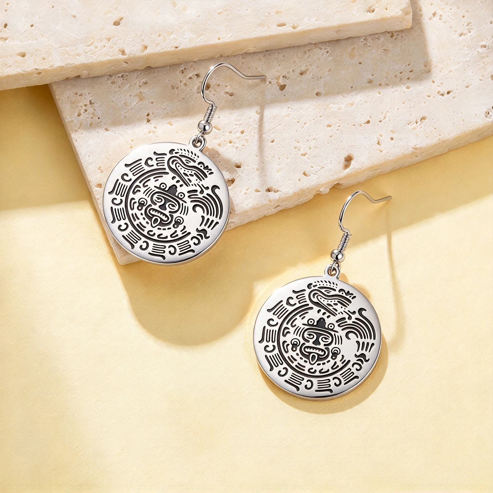 Aztec Sun Stone Earrings Ancient Mexican Tonatiuh Solar Calendar Drop Earrings Stainless Steel Tribal Vintage Amulet Jewelry