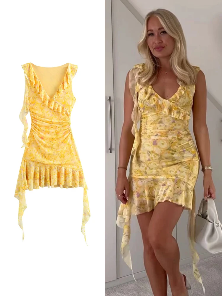 TRAF 2024 Summer Women Printed Pleated Dress Elegant Ruffles Sleeveless Mini Dress Fashion Female Slim Folds Beach Party Dress