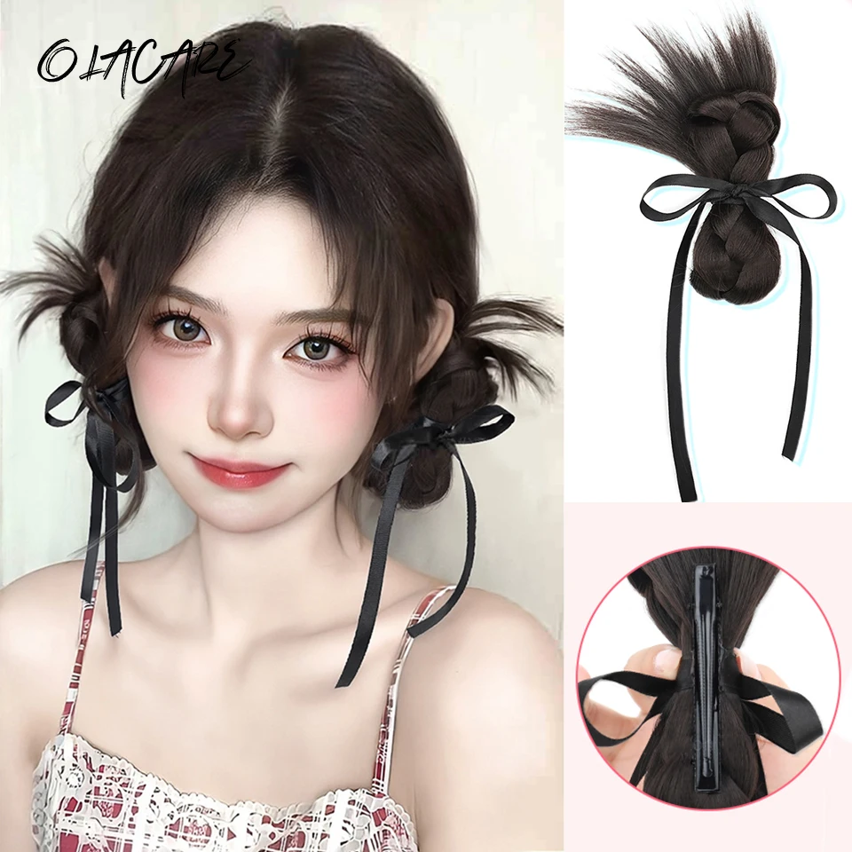 OLACARE Synthetic Brown Black Braid Chignon With Rubber Band Synthetic Hair Ring Wrap On Messy Bun Ponytails Straight Hair