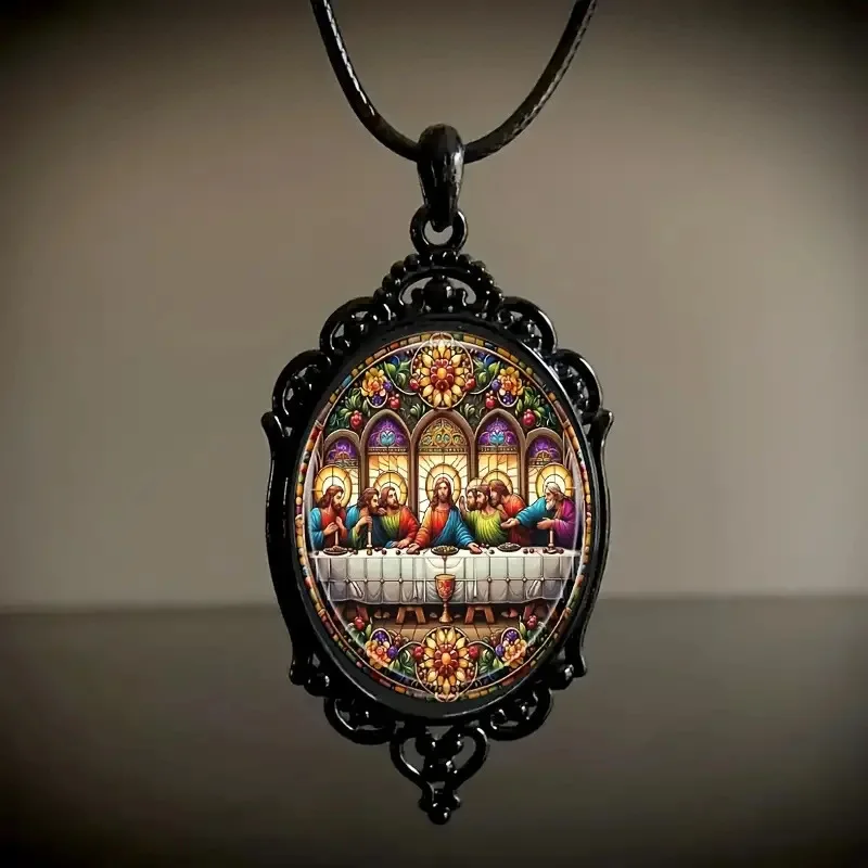 Fashion The Last Supper Oval Glass Pendant - Elegant Black Frame - Faith-Inspired Necklace for Spiritual Occasionsin A Niche