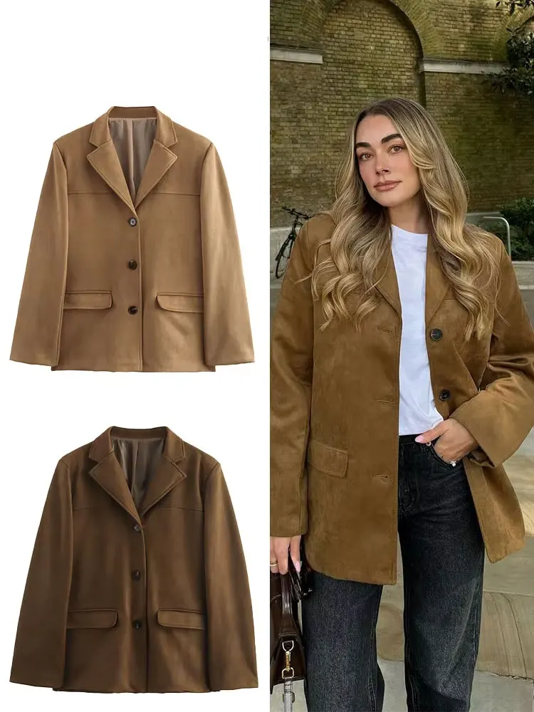 

HH Trendy Suede Blazer For Women Autumn Causal Solid Color Single Breasted With Pockets Long Sleeves Lapel Retro Coats