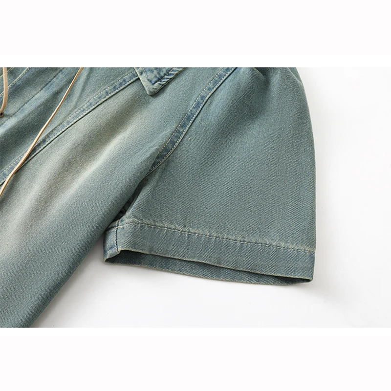 Koreanische Vintage Hellblau Dünne Kurze Denim Jacke Spitze-Up Frauen Frühling Sommer Neue Turndown Kragen Kurzarm Jeans Jacke mantel