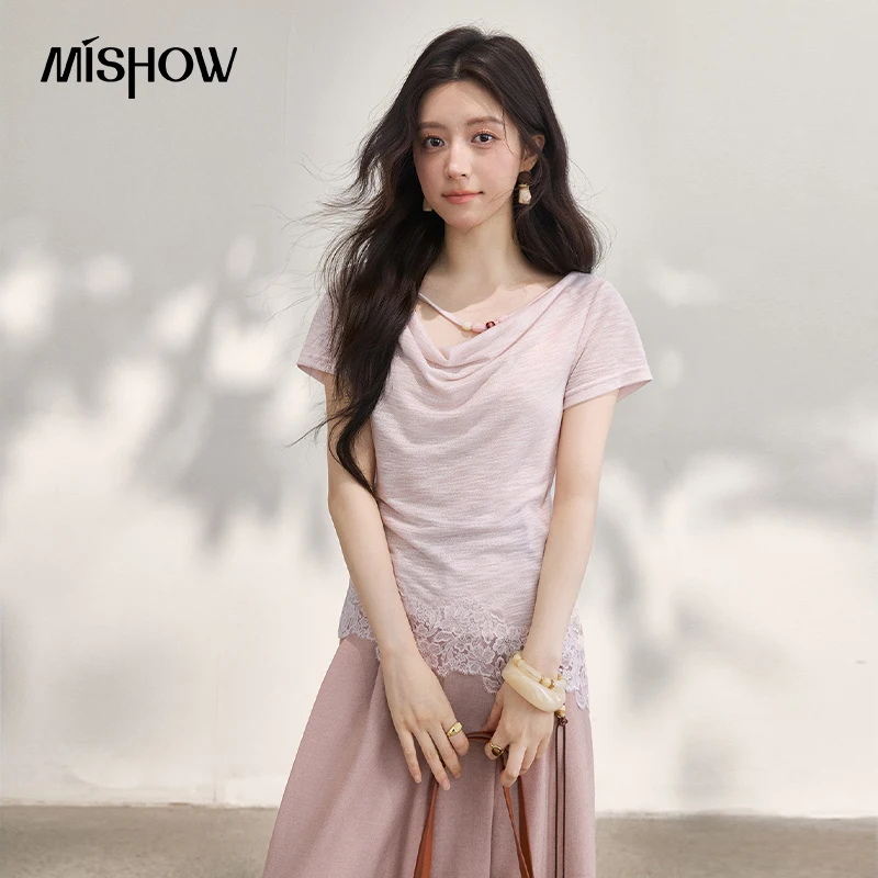 

MISHOW Pink Beaded Swing Neck T-Shirt New Summer 2026 Floral Lace Patchwork Hem Gentle Elegant Slimming Top For Women MXF24T1604