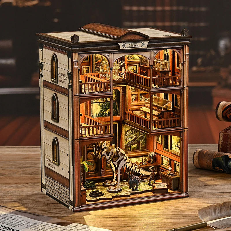 Fossil Museum DIY Book Nook Kit 3D Wooden Miniature House Decor with LED Light Creative Assembly Craft Bookshelf Decor Gift