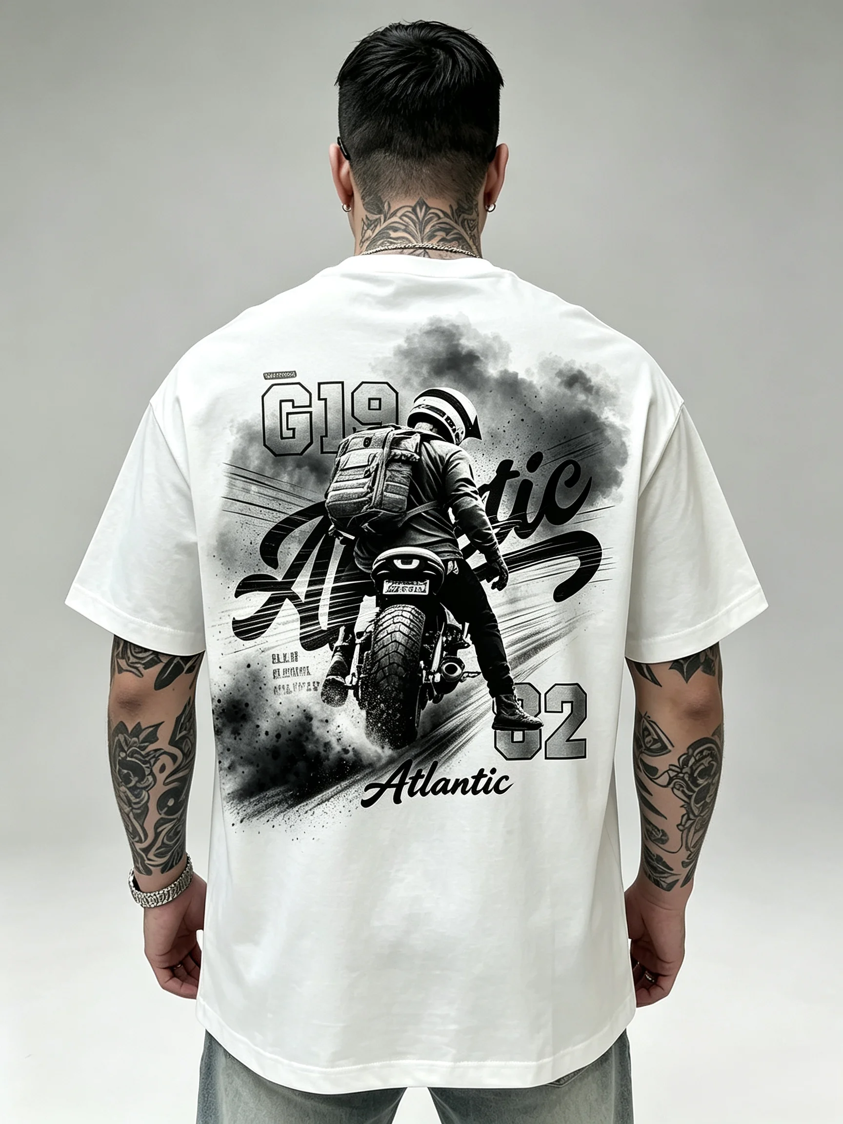 Unisex Black Grey Smoke Effect Motorcycle Rider Back Print T-shirt Men Women Oversized Atlantic G19 82 Biker Graphic Tee Vintage Motorbike Casual Streetwear Cotton Short Sleeve Tee