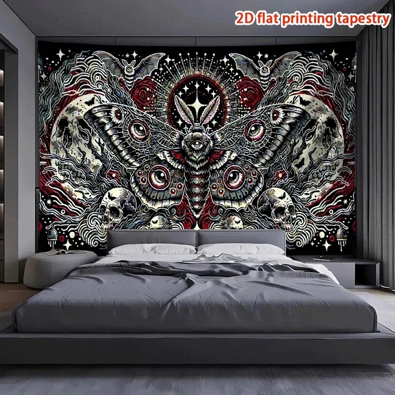 VIKAMA Mystic Death Moth Tapestry Gothic Skull Rose Bat Moon Star Dark Art Wall Hanging Spooky Aesthetic Wall Decor for Indoor B
