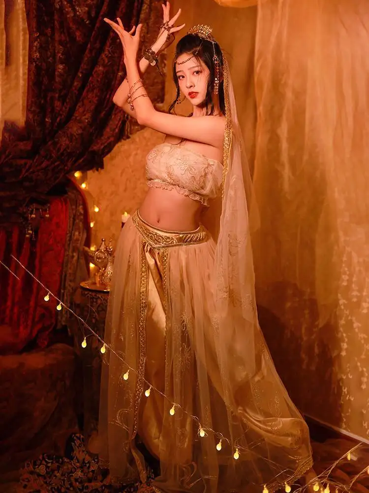 

Одежда в экзотическом стиле, древний костюм в западном стиле, женский комплект одежды принцессы пустыни, сексуальный комплект одежды для танца живота, танцовщицы ханьфу
