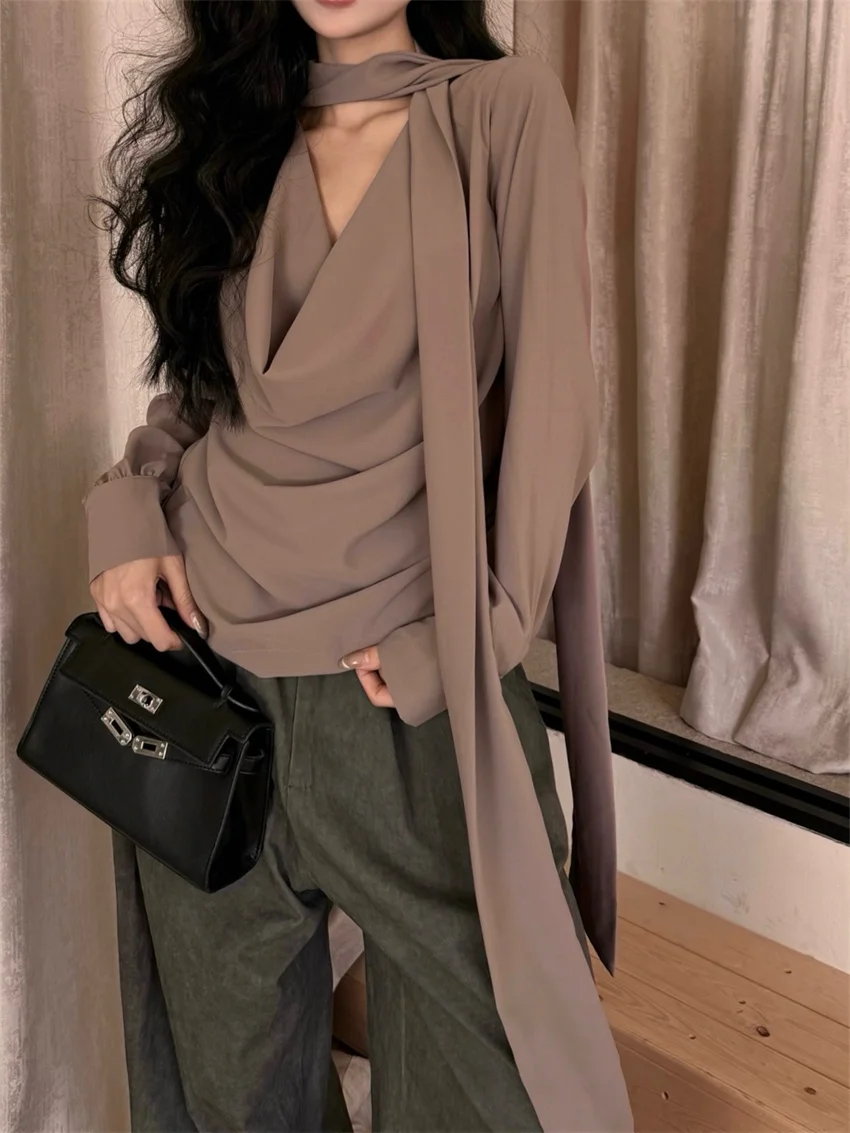 PLAMTEE Solid Elegant Blouses Women Work Wear High Street Slim New Spring Gentle 2024 Office Lady Full Sleeve Chic Minimalist