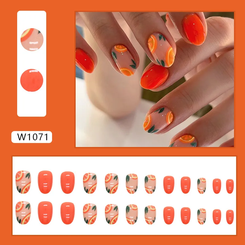 Faux ongles courts et ovales avec colle, 24 pièces, orange, coréen, avec design, plage, presse, ensemble complet d'outils, été