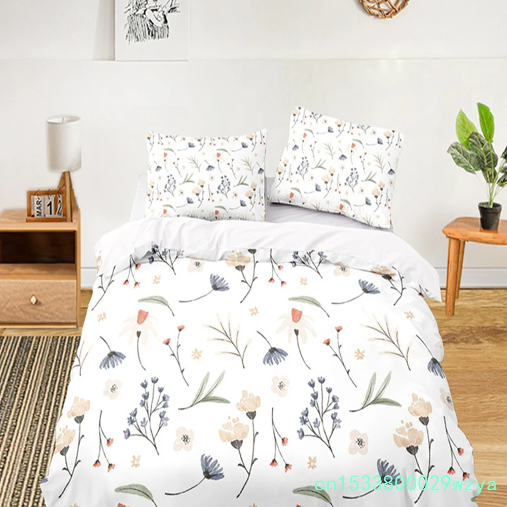 Fresh Botanical Floral Bedding Set Queen Size For Kids Adults Farmhouse Style Leaves Flower Branch Duvet Cover Pillowcases Decor