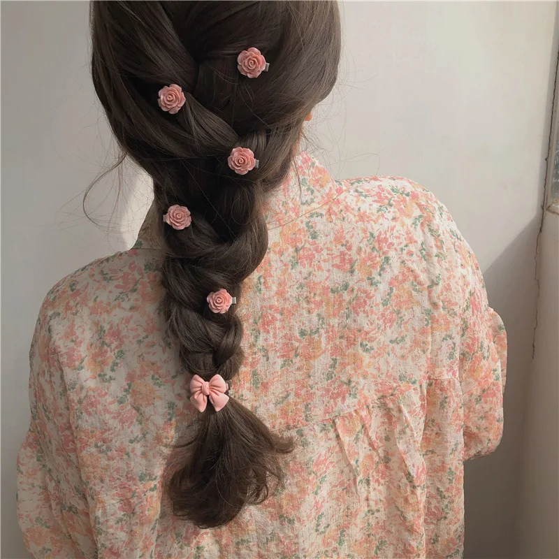 5Pcs Small Bow Hairpins Cute Peach Rose Headwear Hair Accessories Girl Side Bangs Clip Sweet Hair Clips Headdress Jewelry Gift