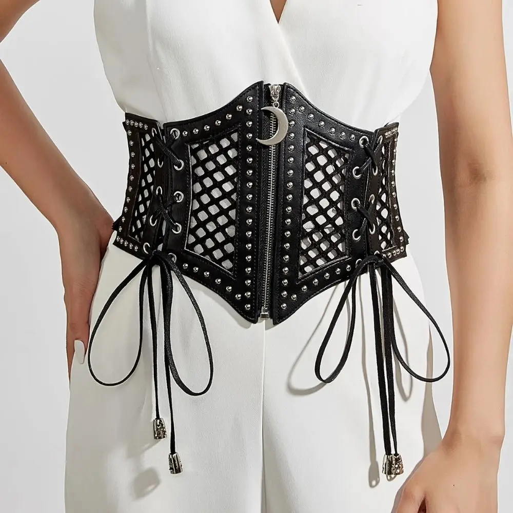 القمر سستة قلادة ليوبارد طباعة Cummerbunds بولي Leather الجلود عالية الخصر جوفاء مشد أحزمة فستان مرن حزام حزام خصر عريض