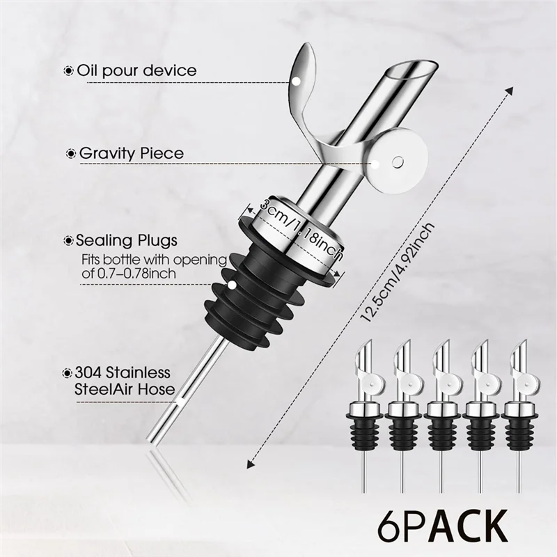 6Pcs Weighted Stainless Steel Liquor Bottle Pourers Auto Flip Olive Oil Dispenser Spout Balsamic Alcohol Pourer (Silver)