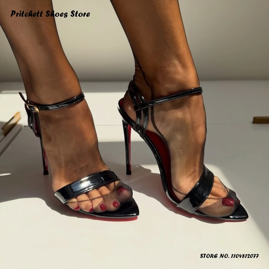 Sexy Women's Patent Leather Sandals Spring Summer Buckle Strap Party Dress Stilettos Pointed Open Toe Thin Heels Plus Size Shoes
