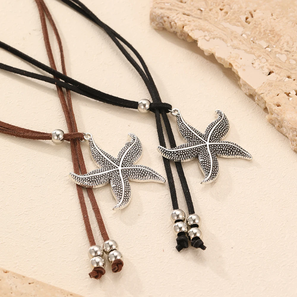 Beach Vacation Exaggerated Starfish Silver Color Metal Pendant Necklaces for Women Trendy Retro Leather Cord Creative Jewelry