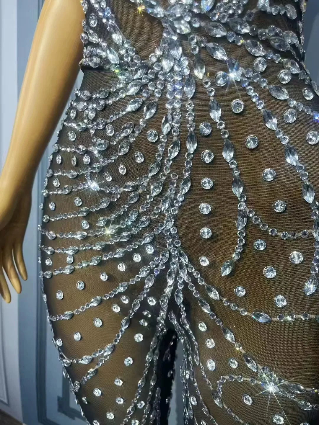 Women's Rhinestones Sleeveless Black Mesh Jumpsuit Transparent Design Birthday Parties Stage Performances Singers And Dancers