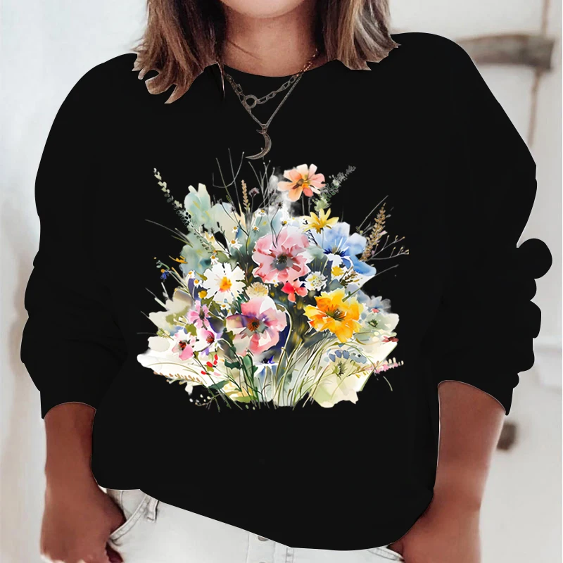 Floral Oil Painting Hoodie Women Fashion Vintage Hoodies Boho Wild Flower Plant Pullover Autumn Long Sleeve Women Sweatshirts