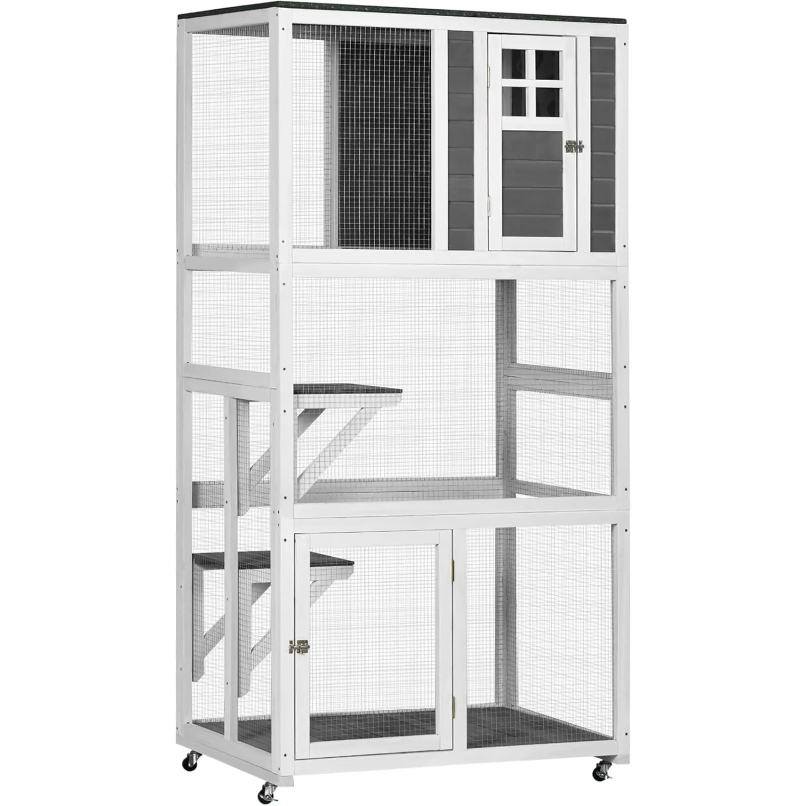 

US 74" Wooden Catio Outdoor Cat House Weatherproof & Wheeled, Outside Cat Enclosure with High Weight Capacity