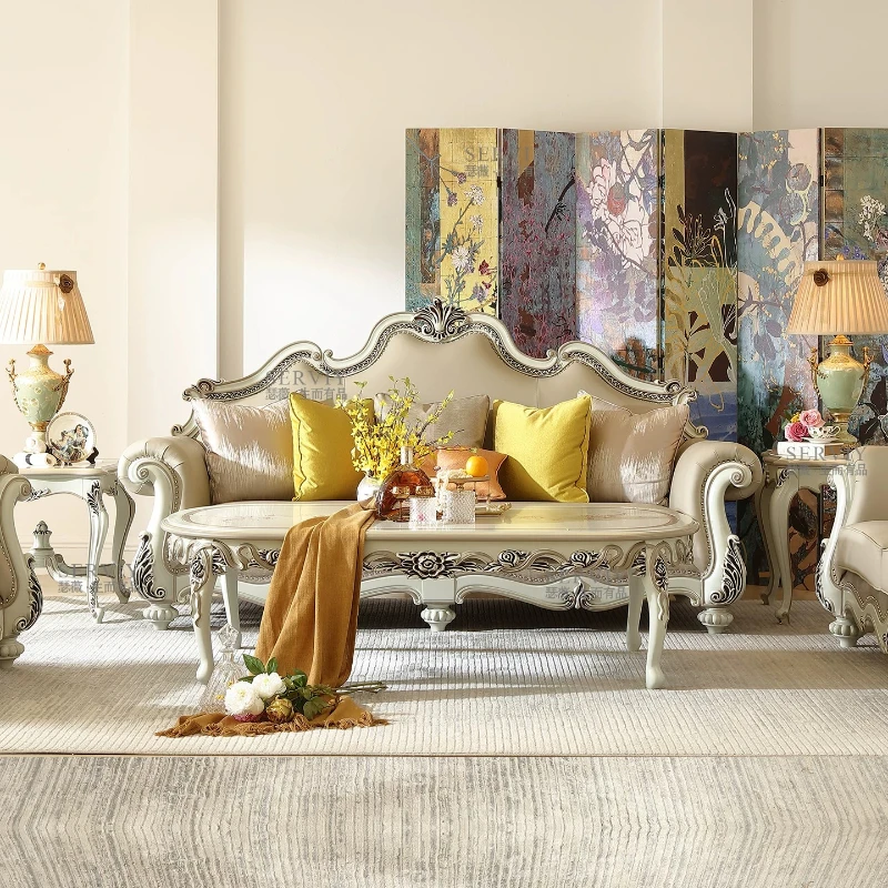 CX French court style solid wood leather sofa European light-colored villa large flat living room sofa