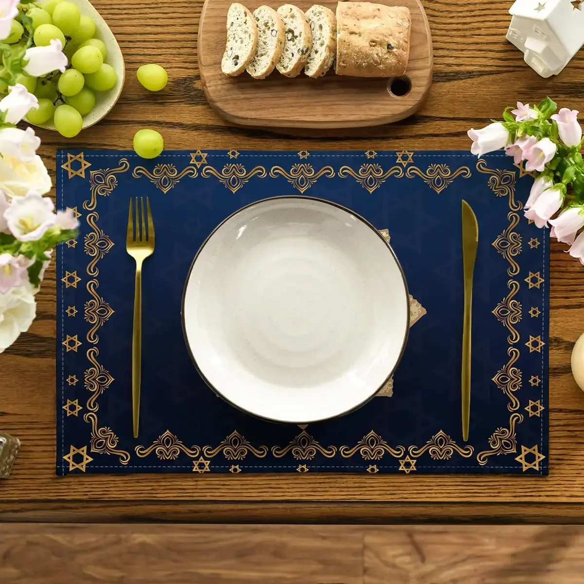 1pcs Happy Passover Linen Placemats Kitchen Dining Table Decor Pesach Star of David Table  Mats for Jewish Party Decorations