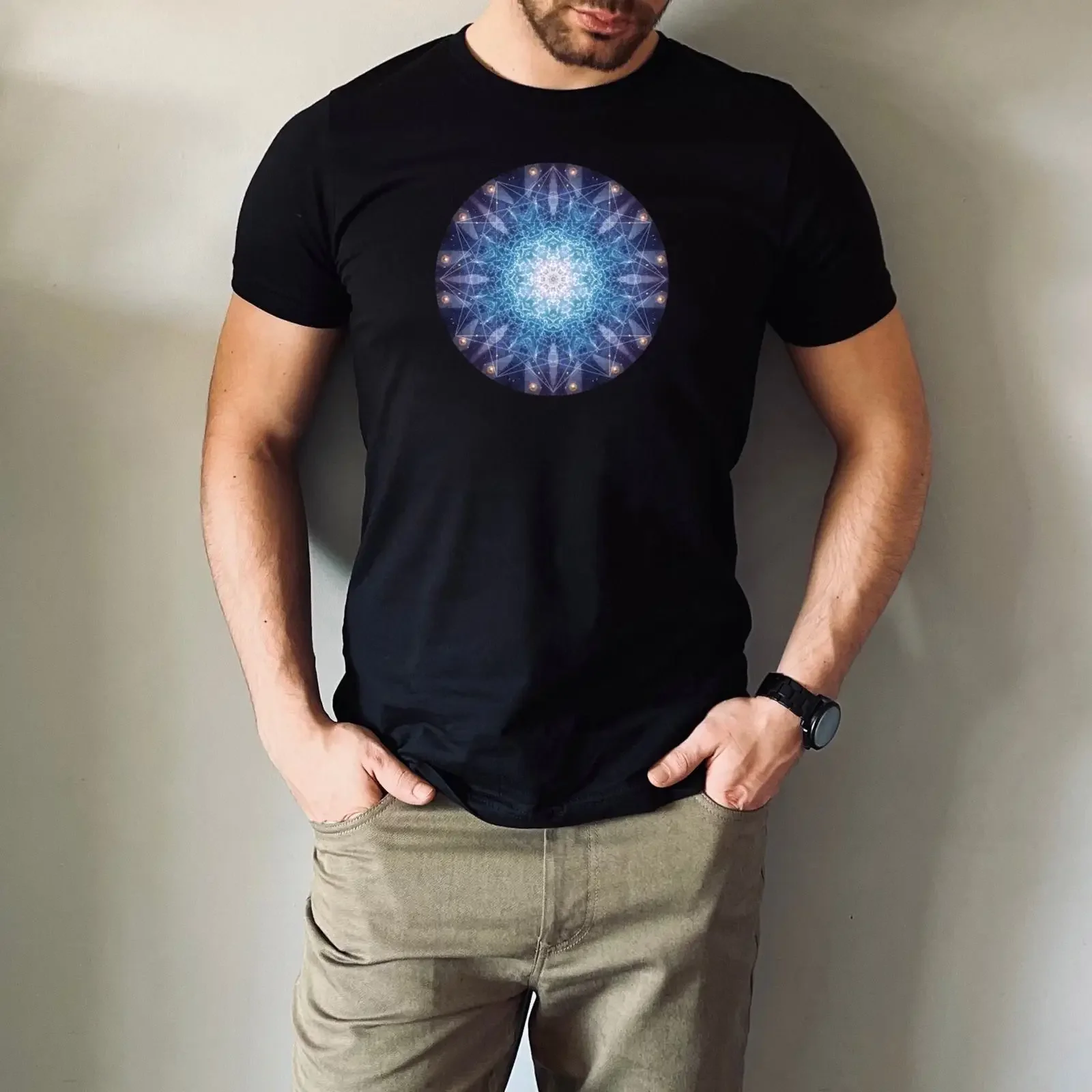 Men's Black Mandala Sacred Geometry T Shirt Flower of Life Spiritual Meditation Yoga Top Casual  vintage Washed streetwear