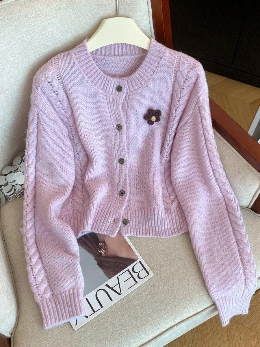 Sweet Casual round Neck Long Sleeve 3D Embroidery Knitted Sweater Spring Autumn Winter Open Cardigan Women's Regular Fit Knit...