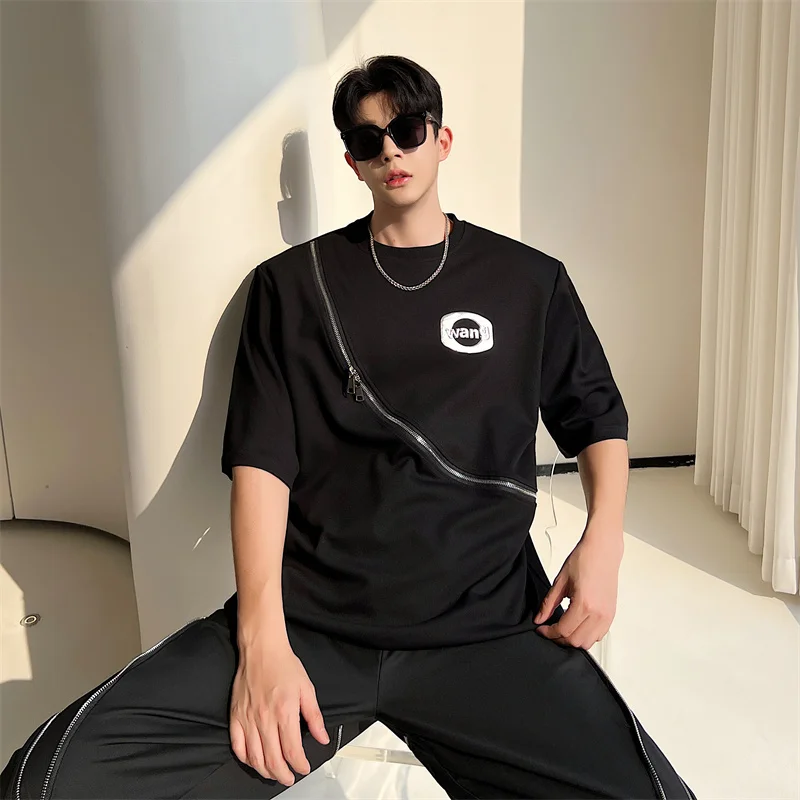 

Summer Pure Cotton Metal Zipper Design ort Sve Men's T-irt round Ne Printed Faionable Stand Fit Youth ular