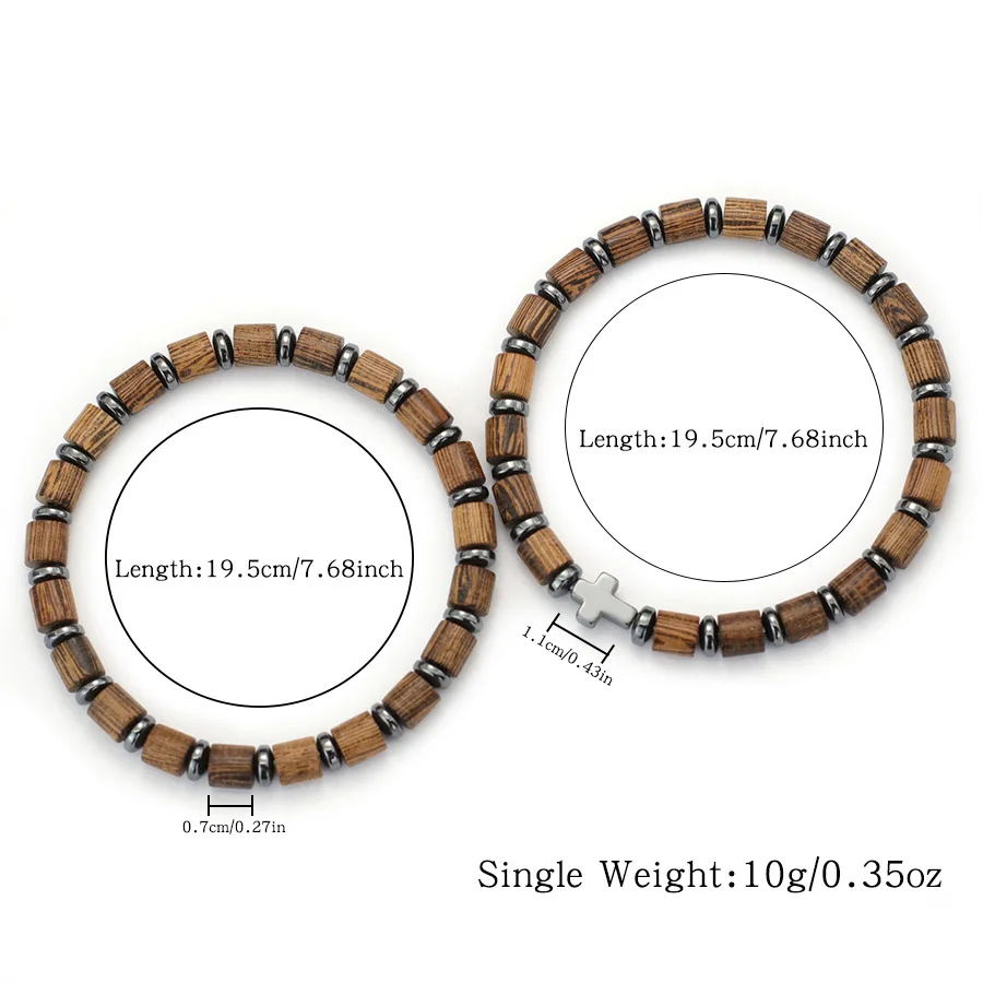 1Pcs Boho Natural Barrel Wooden Beads Bracelet for Men Black Gallstone Cross Healing Beaded Braclets Elastic Jewelry Joias view 4