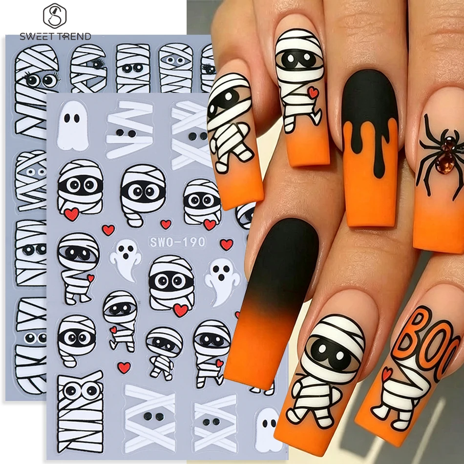 Autocollants pour ongles Halloween, 2 pièces, motif dessin animé mignon, bandage, momie, fantôme, cœur, autocollants adhésifs pour ongles, décoration de manucure DIY
