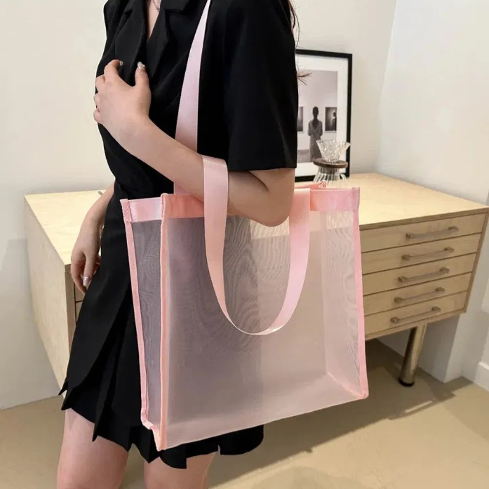 Nylon Mesh Beach Bag Magnetic Buckle Pockets Transparent Shoulder Bag Large Capacity Anti-lost Shower Handbag School