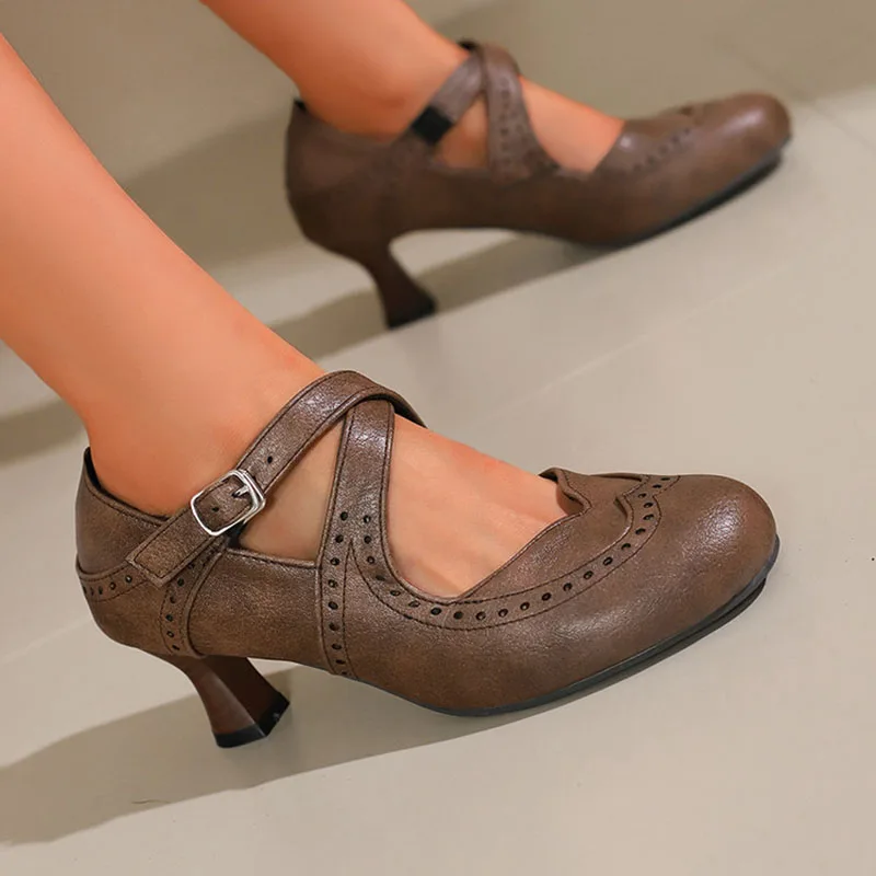 

Phoentin, женские туфли-лодочки на каблуке с перекрестными ремешками, весна 2023, женские туфли-лодочки в стиле ретро с круглым носком, женские туфли большого размера коричневого цвета FT4061