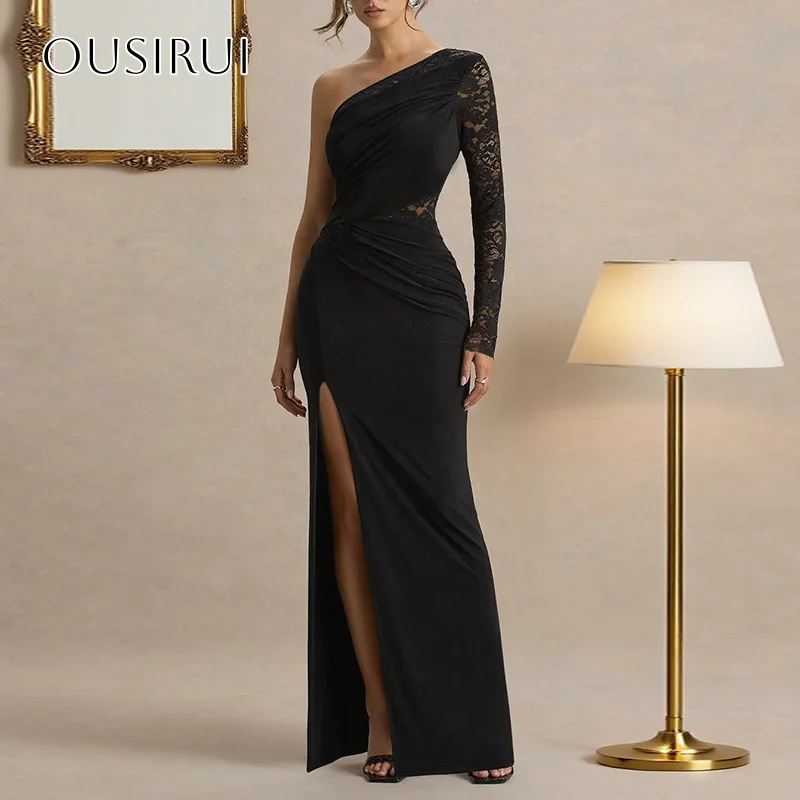 레이스 원숄더 쉬폰 프롬 드레스 슬릿 롱 슬리브 발목 길이 플리츠 파티 가운 맞춤 제작 웨딩드레스