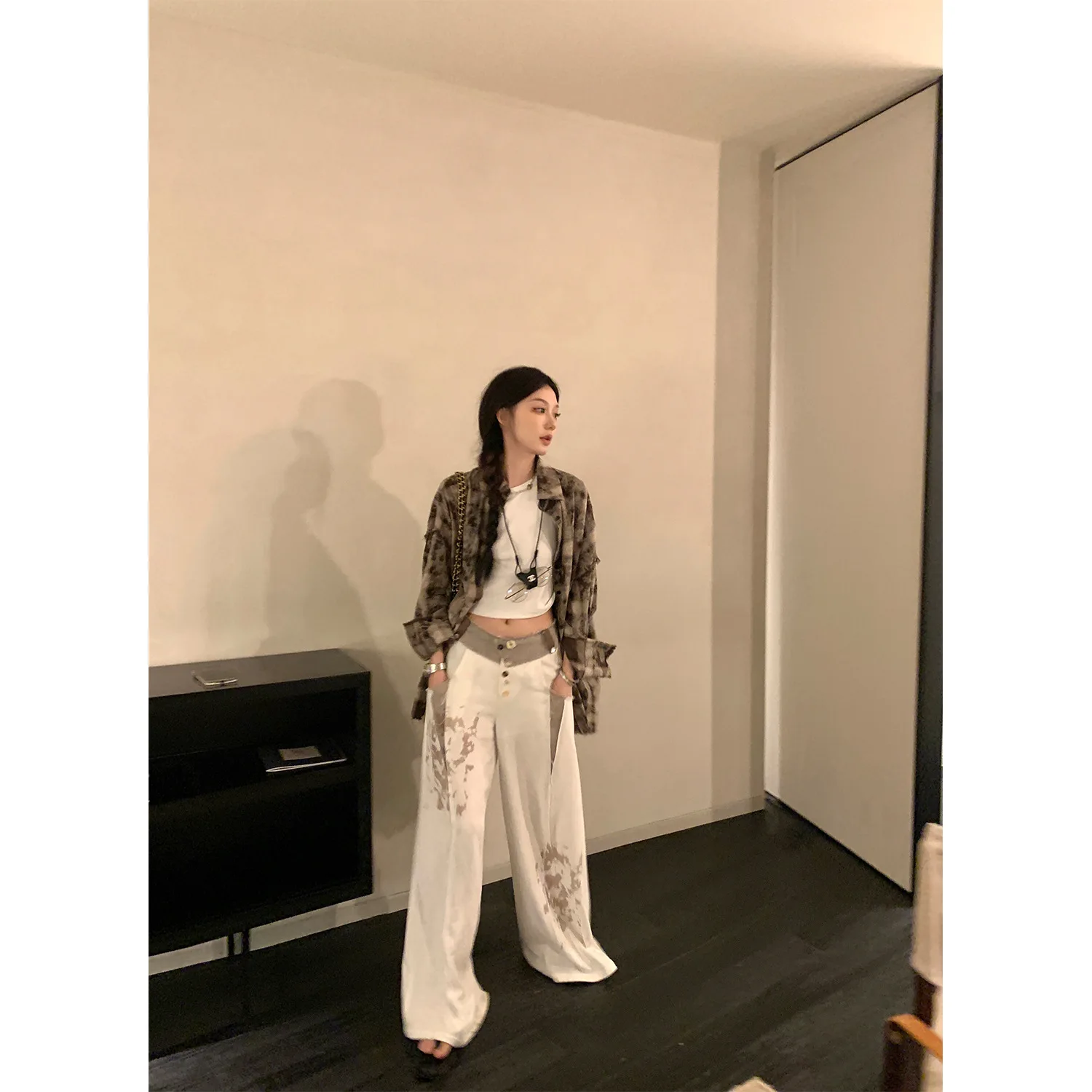 splicing print causal trousers girls loose straight tube wide-leg trousers high waist floor trousers