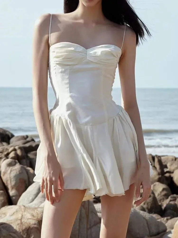 2022 Sexy Beige Ruched Bra Corset style Spaghetti Strap Mini Dress Women Backless Party Skater Short Dresses Sling Robe Vestido