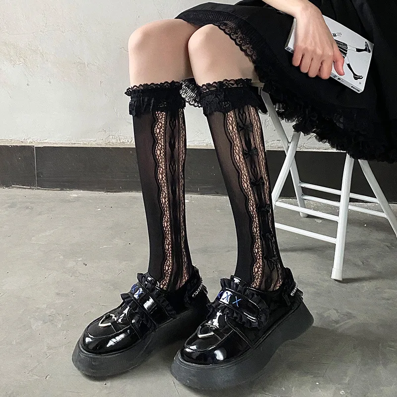 Stockings Woman Summer Thin Solid Color Bowknot Lace Middle Tube JK Lolita Cute Socks Black White Fishnet Stockings for Women