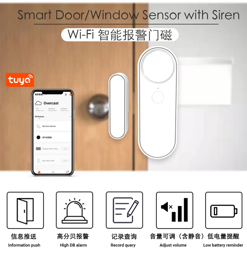 TYSH Tuya WiFi Smart Door Sensor Smart Home Door Open/Closed Detectors Window Sensor Smart Life Works With Google Home Alexa
